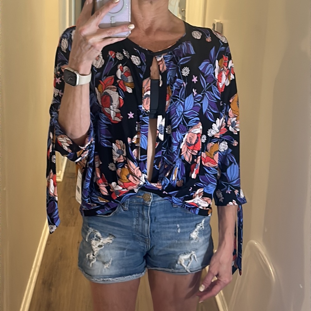 NWT Free People Black billowy floral & multi colorful 3/4 sleeve top